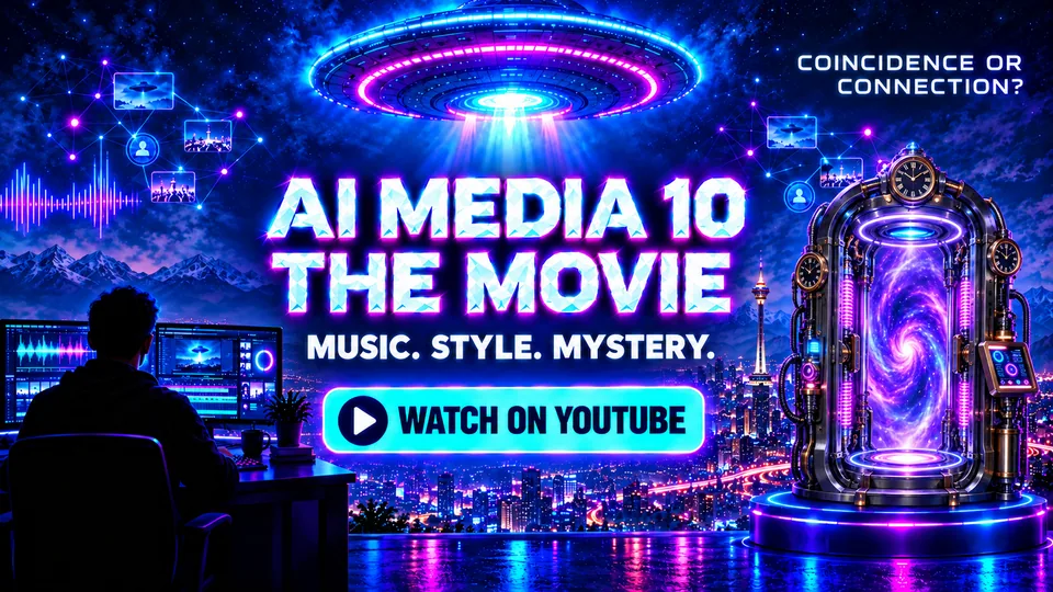 AI Media 10 The Movie poster with a neon UFO, the movie t-shirt, and a Watch on YouTube button