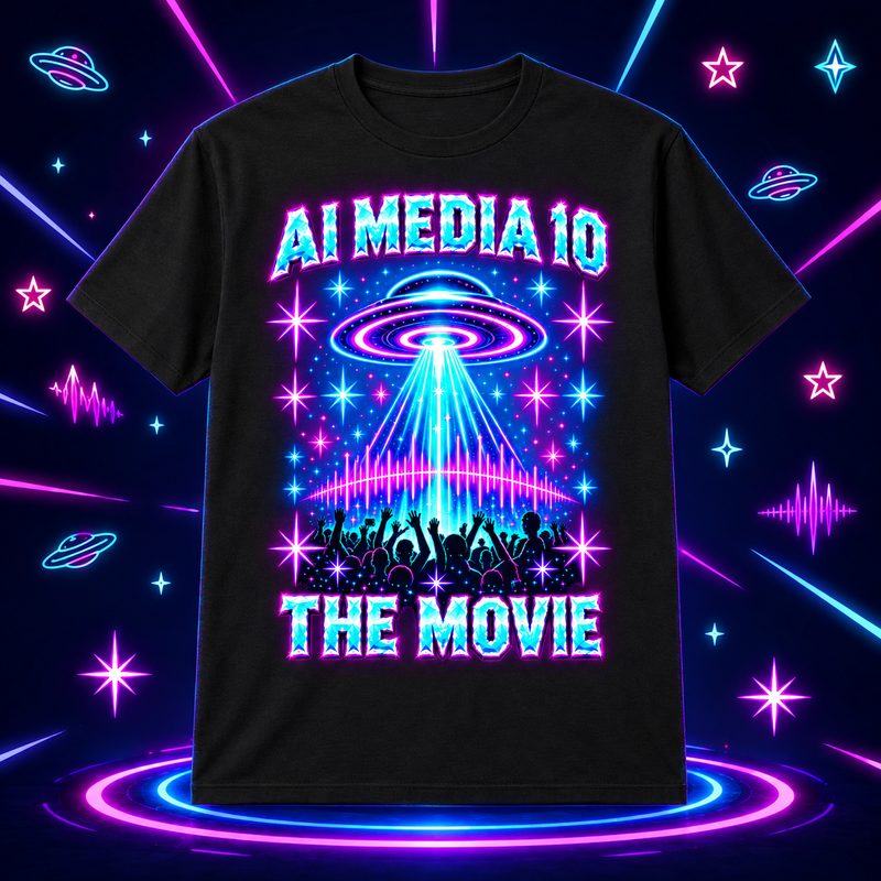 Black AI Media 10 The Movie t-shirt with a neon UFO and crowd design