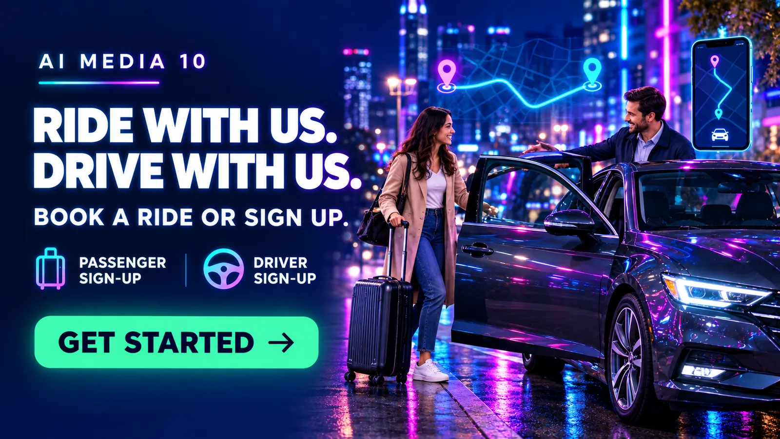 AI Media 10 ride-share. Ride with us. Drive with us. Book a ride or sign up as a passenger or driver.