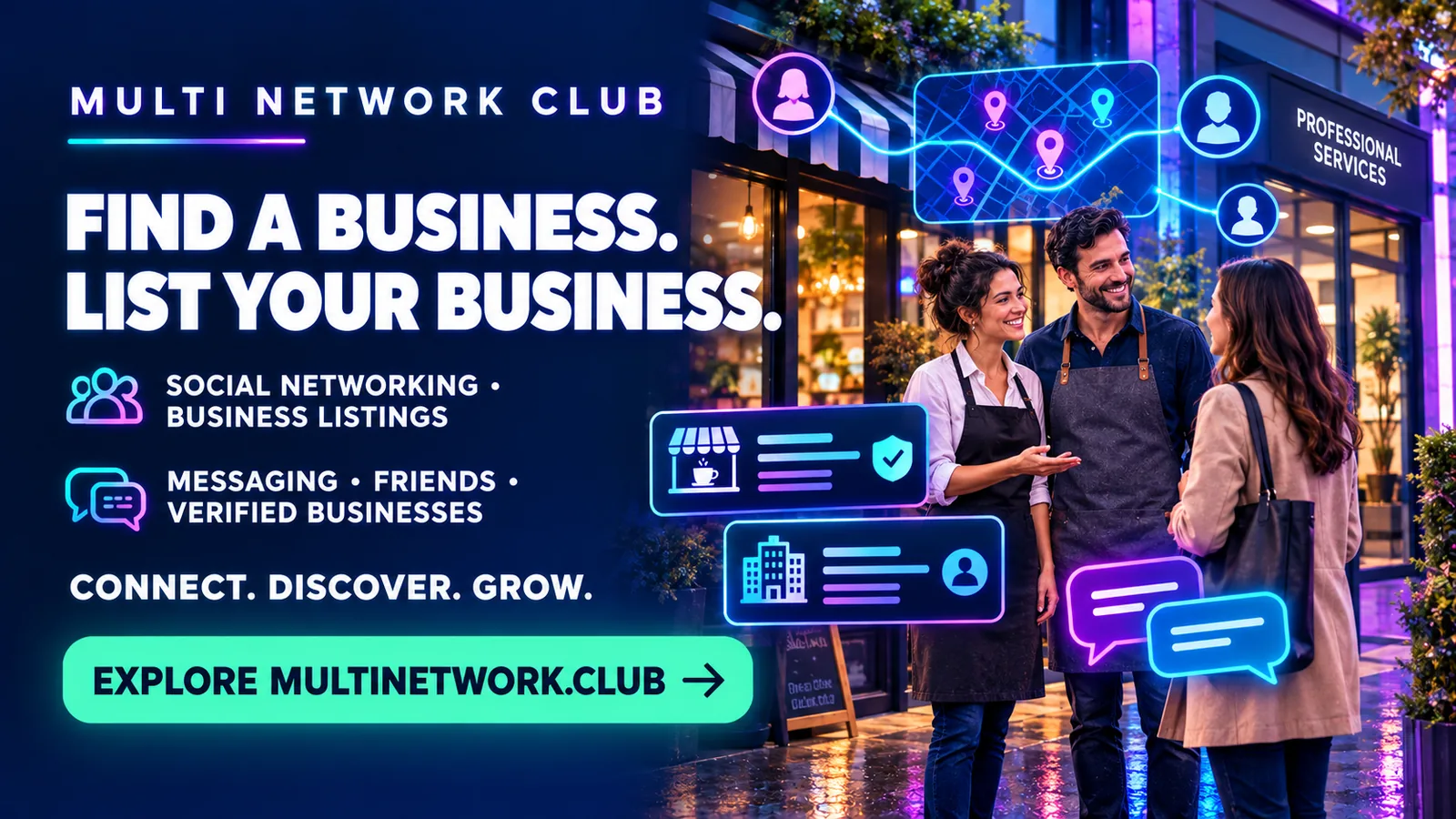 Multi Network Club. Find a business. List your business. Social networking, business listings, messaging, friends, and verified businesses.